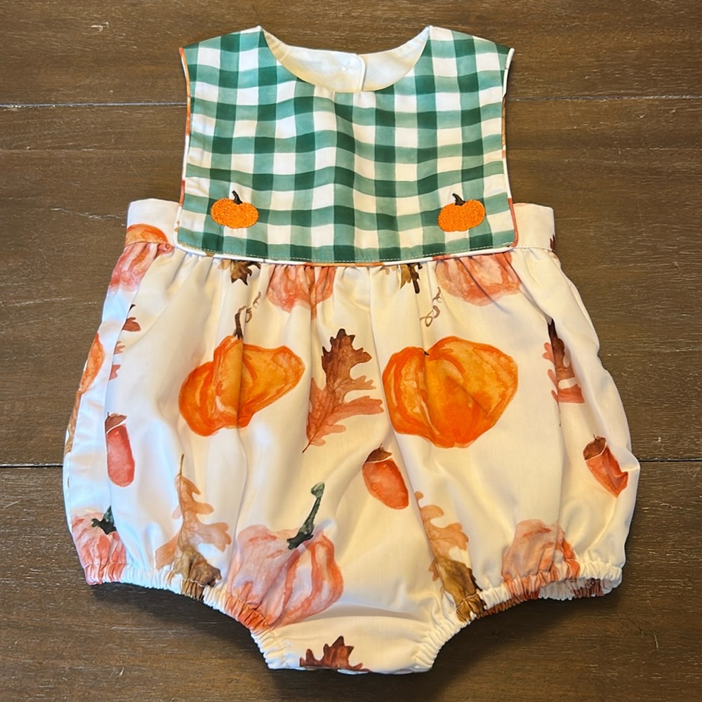 New The Smocked Bear Fall Pumpkins Green Checked Romper